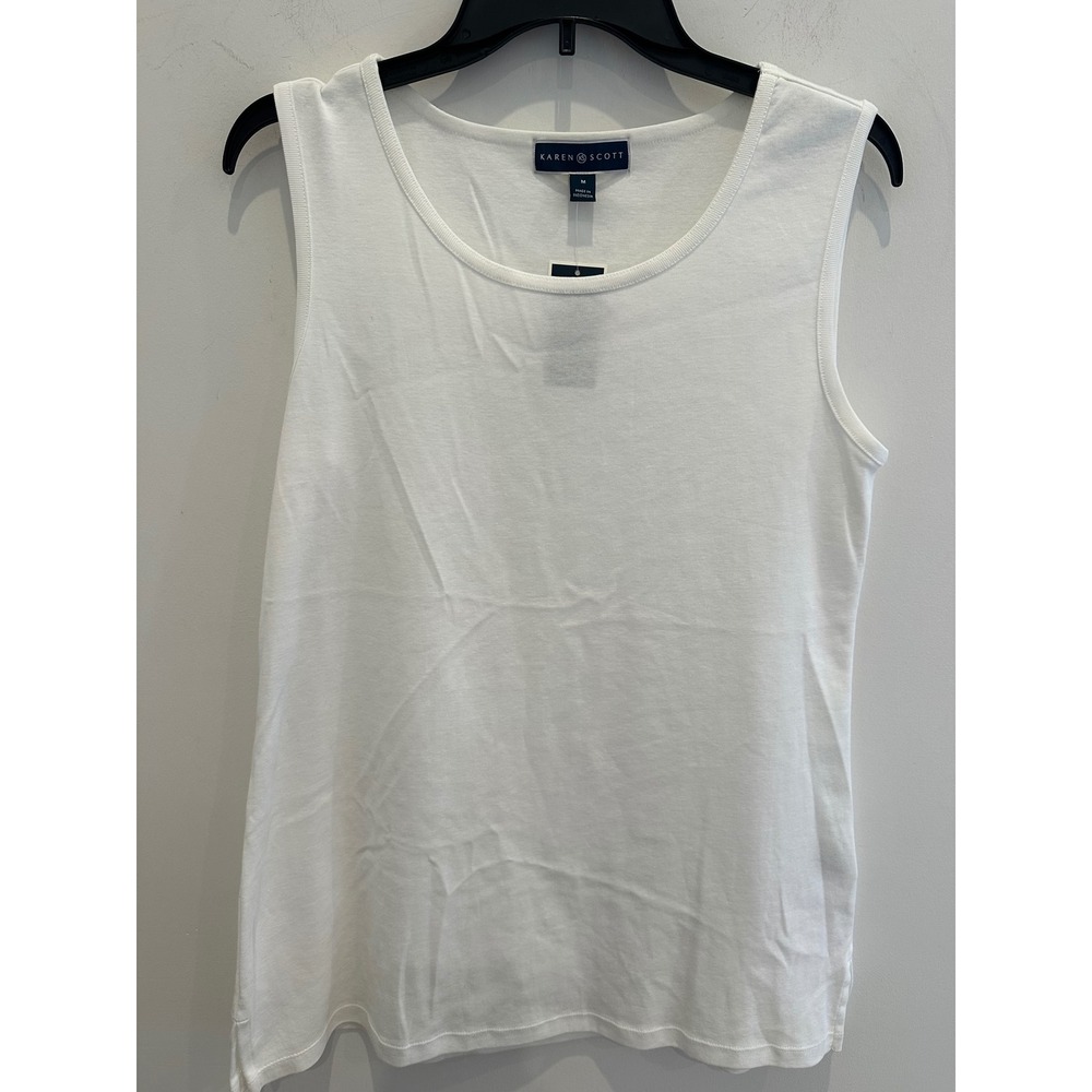 Karen Scott Womens White 100% Cotton Scoop Neck Sleeveless Tunic Tank Top Size M